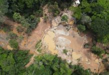 Evading Taxes, Miners Leave Behind Death Traps and Polluted River Drone shot of Golden Trip's mine in Kpeteyea
